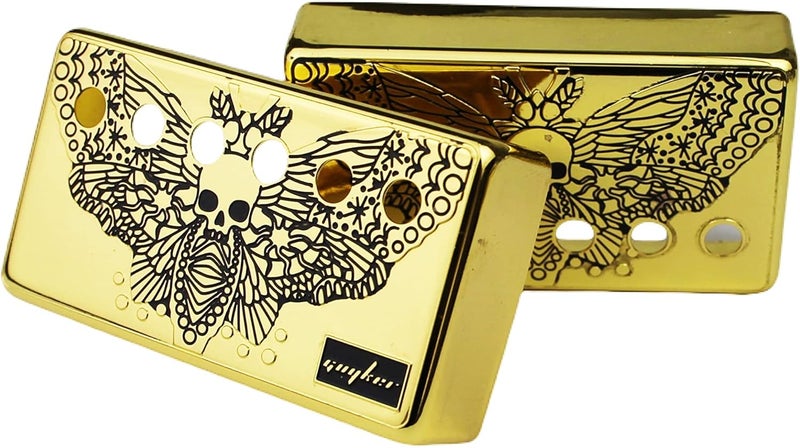 guyker Humbucker Pickup Cover (50mm/52mm Pole Spacing) – Cupronickel Bridge and Neck Pickups Frame Set Replacement Parts for Les Paul LP Style Electric Guitar, Skull Wing Style, PC007 Gold - Image 2